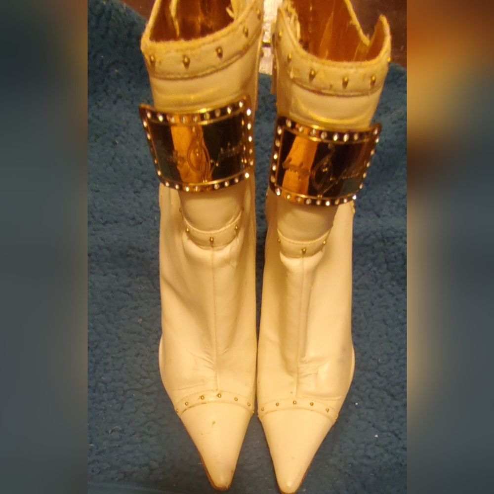 Baby Phat White Ankle Boots with Gold Accents